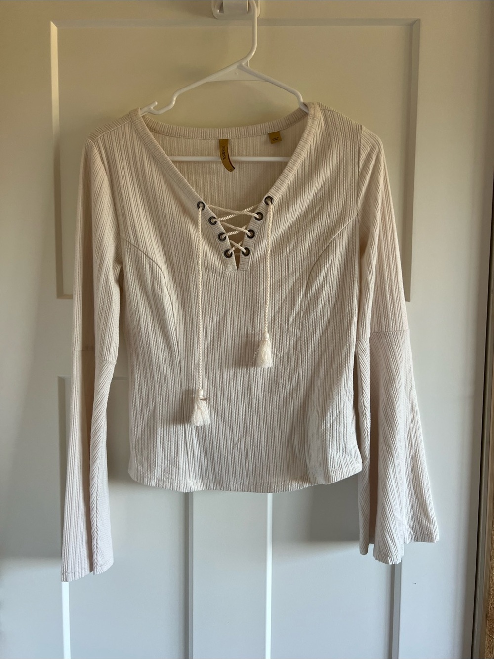 Shyanne Cream Lace-Up Long Sleeve Peasant Top